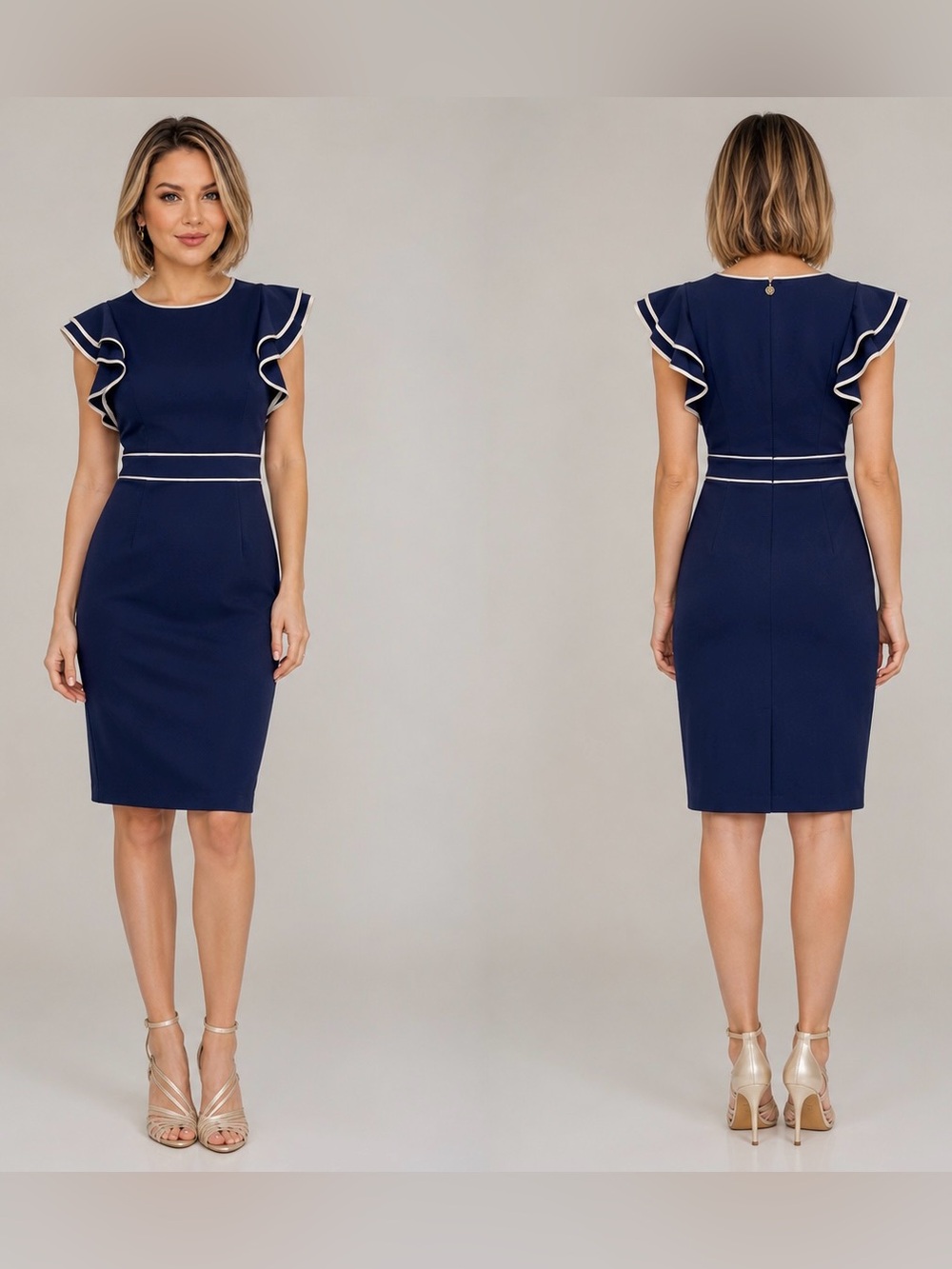Tommy Hilfiger Navy Blue Sheath Dress with Ruffles and White Piping